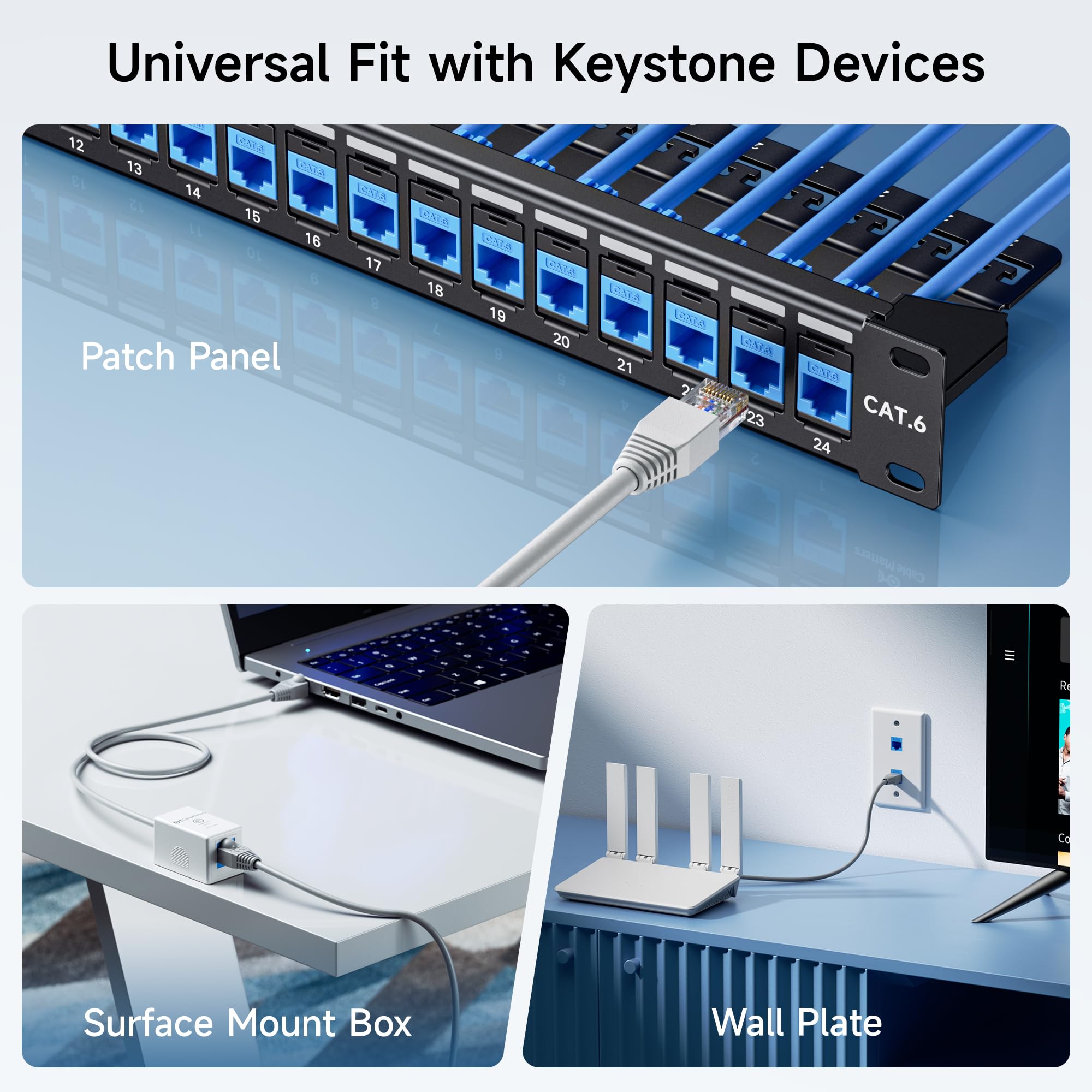 Cable Matters [UL Listed] 25-Pack 10Gbps Rapid-Install Cat6 Keystone Jacks, Slim Profile RJ45 Keystone Jack with Punch-Down Stand, Works with Leviton QuickPort Systems, Black (Model No. 180070)