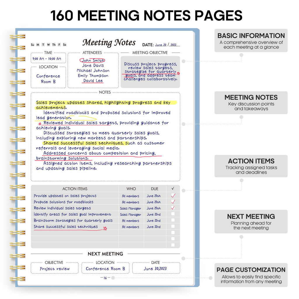 Meeting Notebook for Work Organization - Work Planner Notebook with Action Items, Agenda Planner for Note Taking, 160 Pages (6.9" X 9.9") Project Organizer for Men & Women - Pink