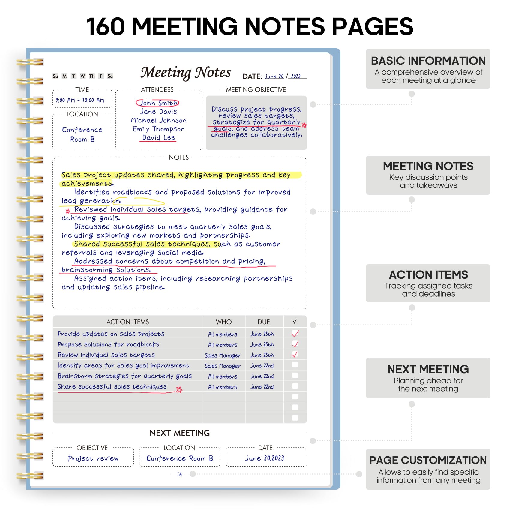 Meeting Notebook for Work Organization - Work Planner Notebook with Action Items, Agenda Planner for Note Taking, 160 Pages (6.9" X 9.9") Project Organizer for Men & Women - Pink