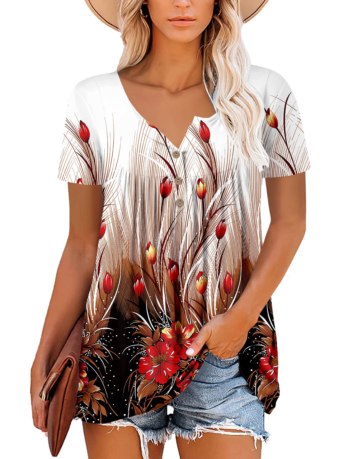 Mystry Zone Womens Henley V Neck Casual Blouse Button Down T Shirts Flare and Flowy Tops