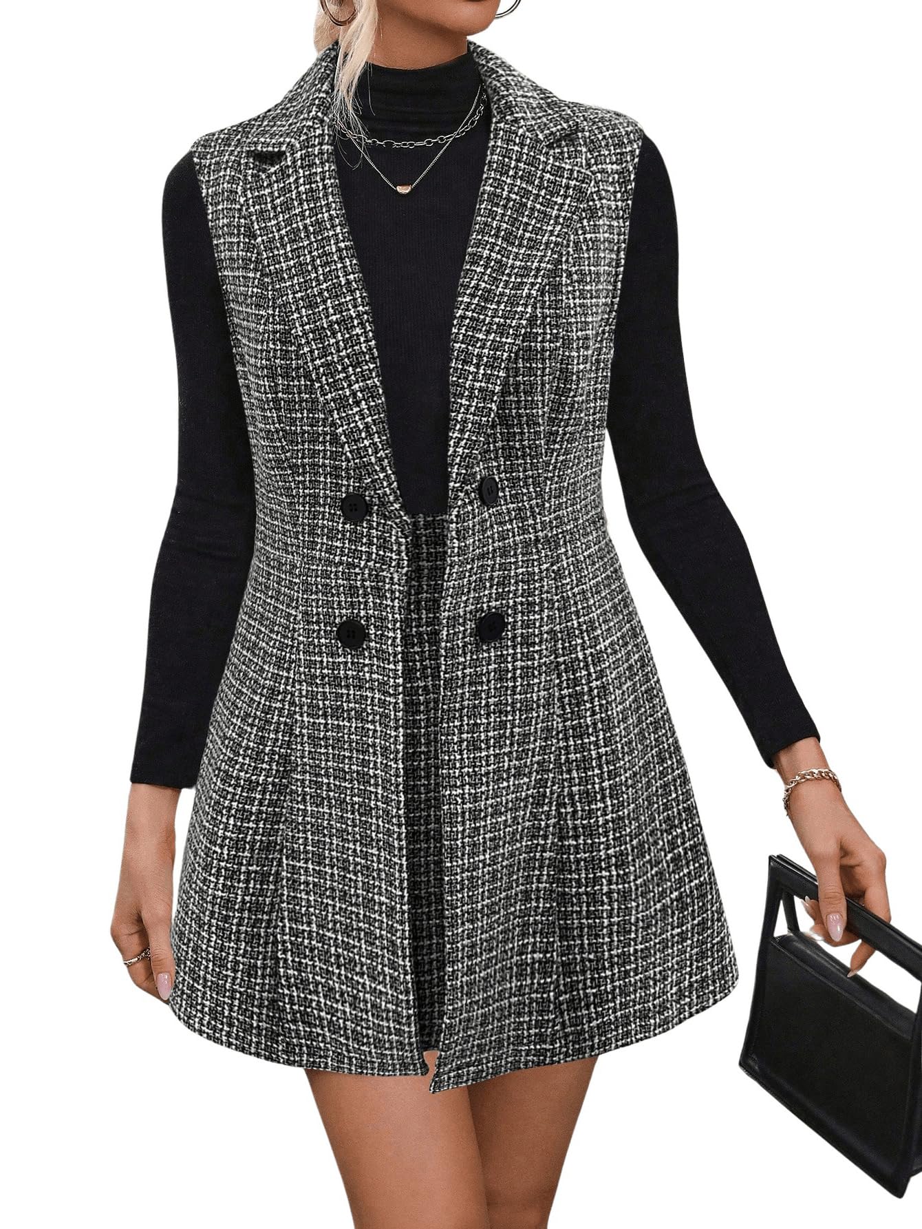 Floerns Women's 2 Piece Outfit Workwear Plaid Print Lapel Neck Vest Blazer and Skirt Set