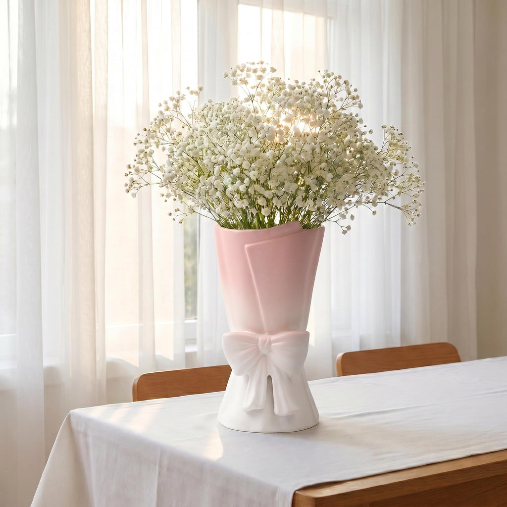 Relexome Beige Ceramic Bow Vase 9.64 in Unique Cute Modern Decorative Bouquet Flower Vases for Home Living Room Table Decor Women Girl Gifts
