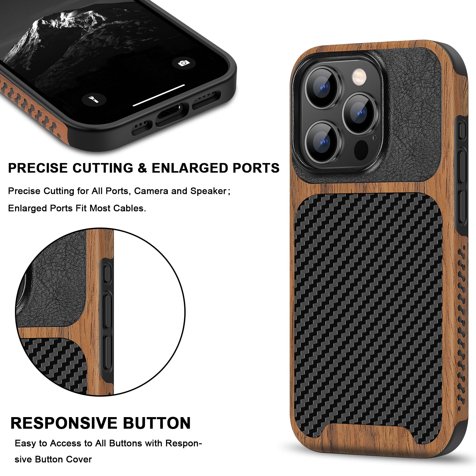 TENDLIN Compatible with iPhone 15 Case Wood Grain with Carbon Fiber Texture Design Leather Hybrid Slim Case (Black)