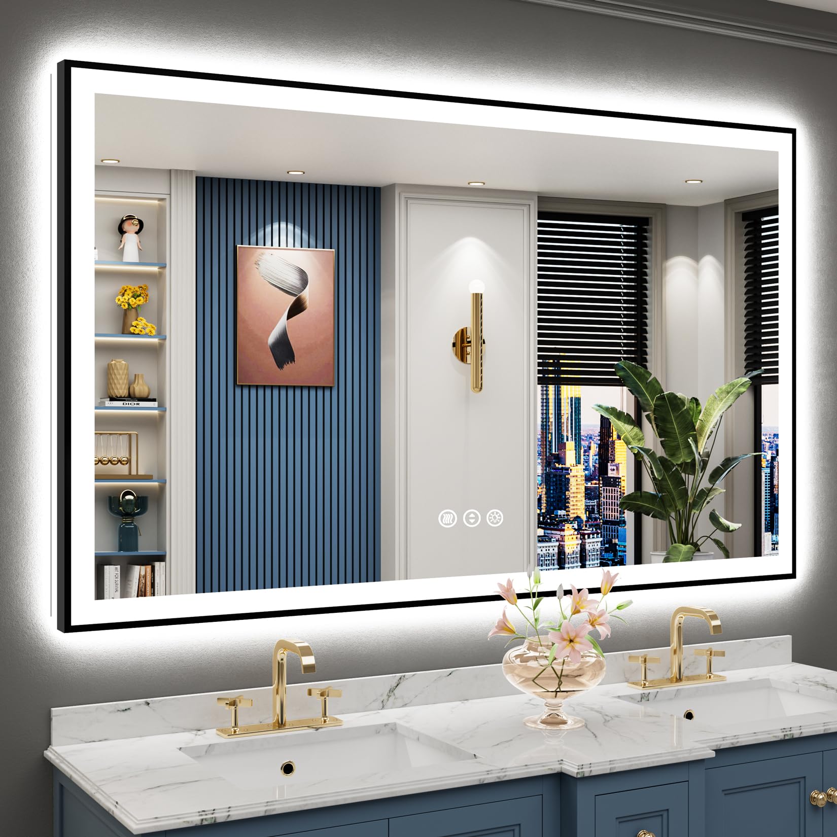 24x32 Black Framed LED Bathroom Mirror with Lights, Backlit and Front Lit Anti-Fog Lighted Vanity Mirrors for Bathroom Wall, Dimmable, 3 Colors, Memory, HD Tempered Glass, Horizontal/Vertical