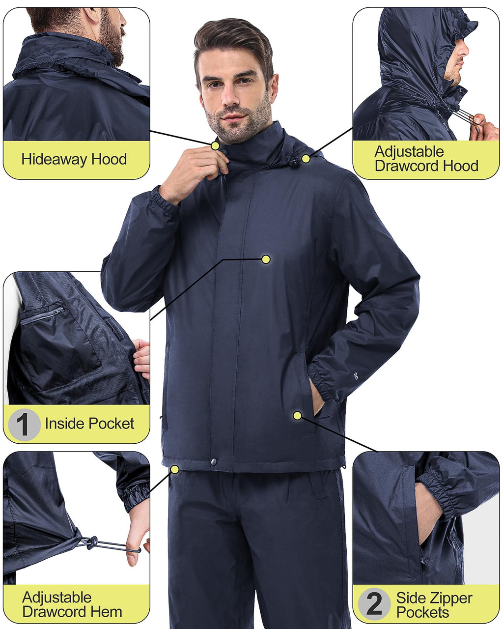33,000ft Men's Rain Suit Packable Waterproof Lightweight Rain Gear for Golf Hiking Cycling 2 Pieces(Rain Jackets and Pants)