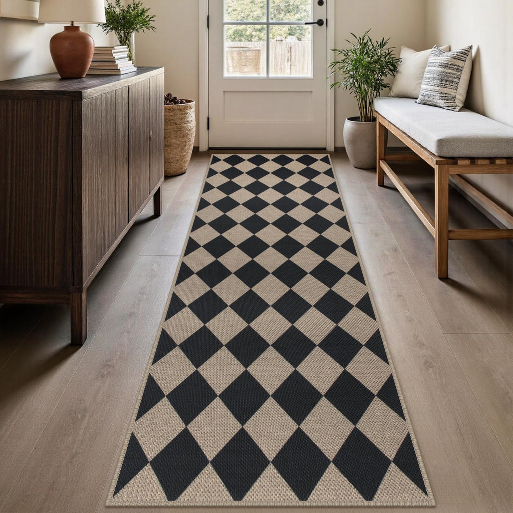Rugalia Easy Jute Checkered Entryway Rug, 2x3 Black Modern Indoor Outdoor Doormat, Washable Non-Slip Neutral Small Kitchen Rug Farmhouse Diamond Throw Rugs for Entrance Bedroom Bathroom