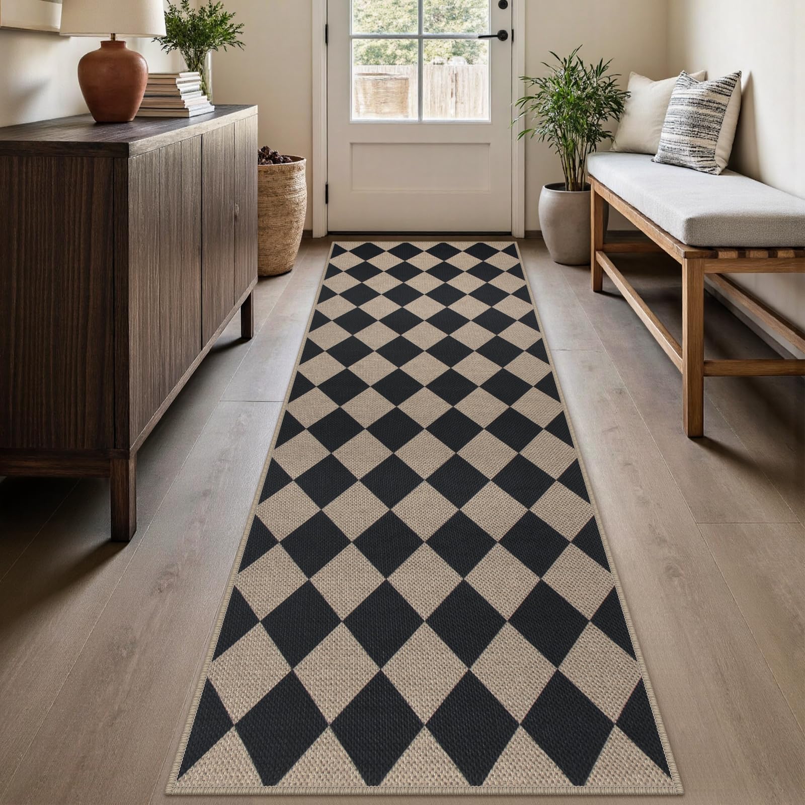 Rugalia Easy Jute Checkered Entryway Rug, 2x3 Black Modern Indoor Outdoor Doormat, Washable Non-Slip Neutral Small Kitchen Rug Farmhouse Diamond Throw Rugs for Entrance Bedroom Bathroom