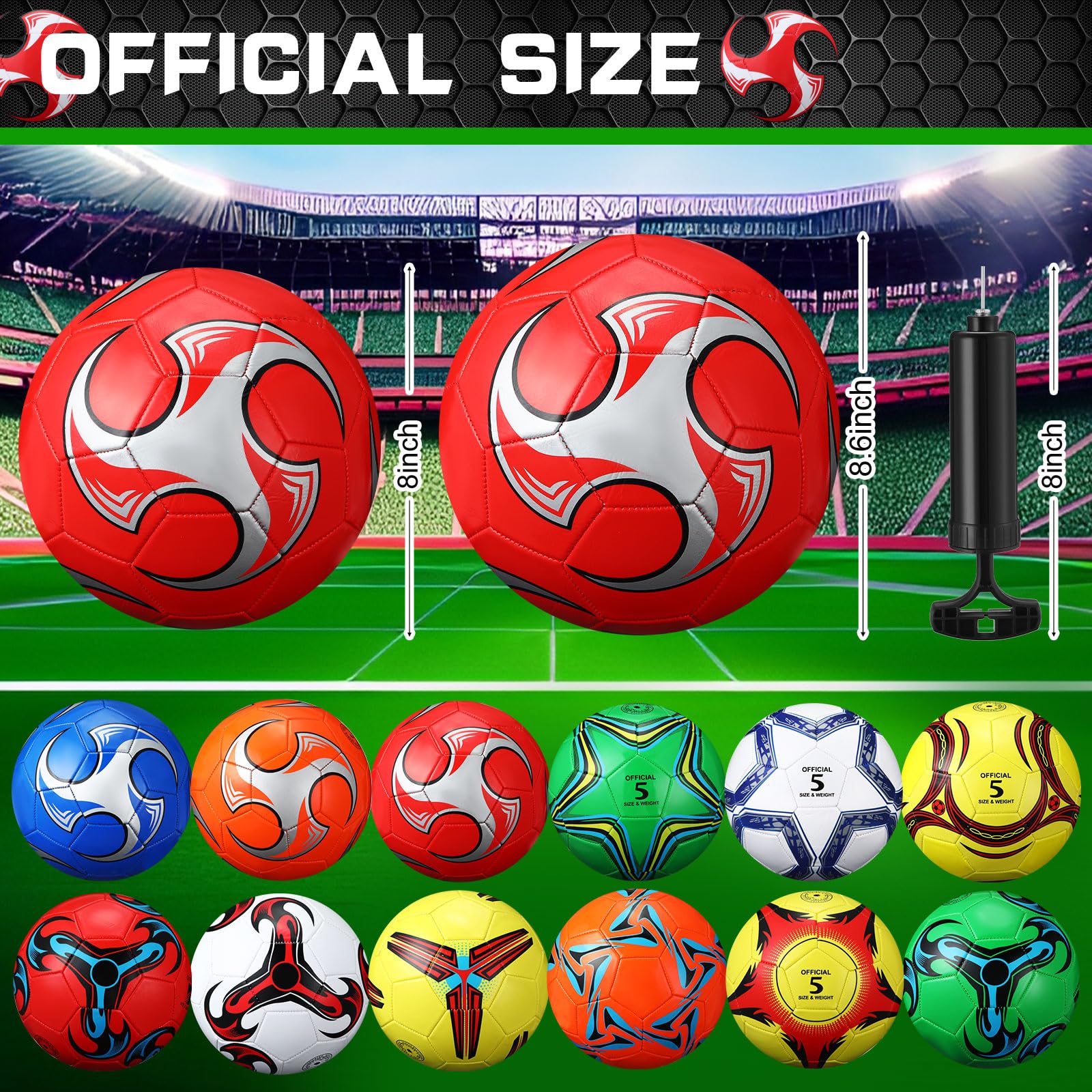 Lunmon 12 Pcs Bulk Soccer Balls with 2 Pump Official Size Deflated Ball Football for Indoor Outdoor Game Sports Training Adult Players Soccer Birthday Gift Global