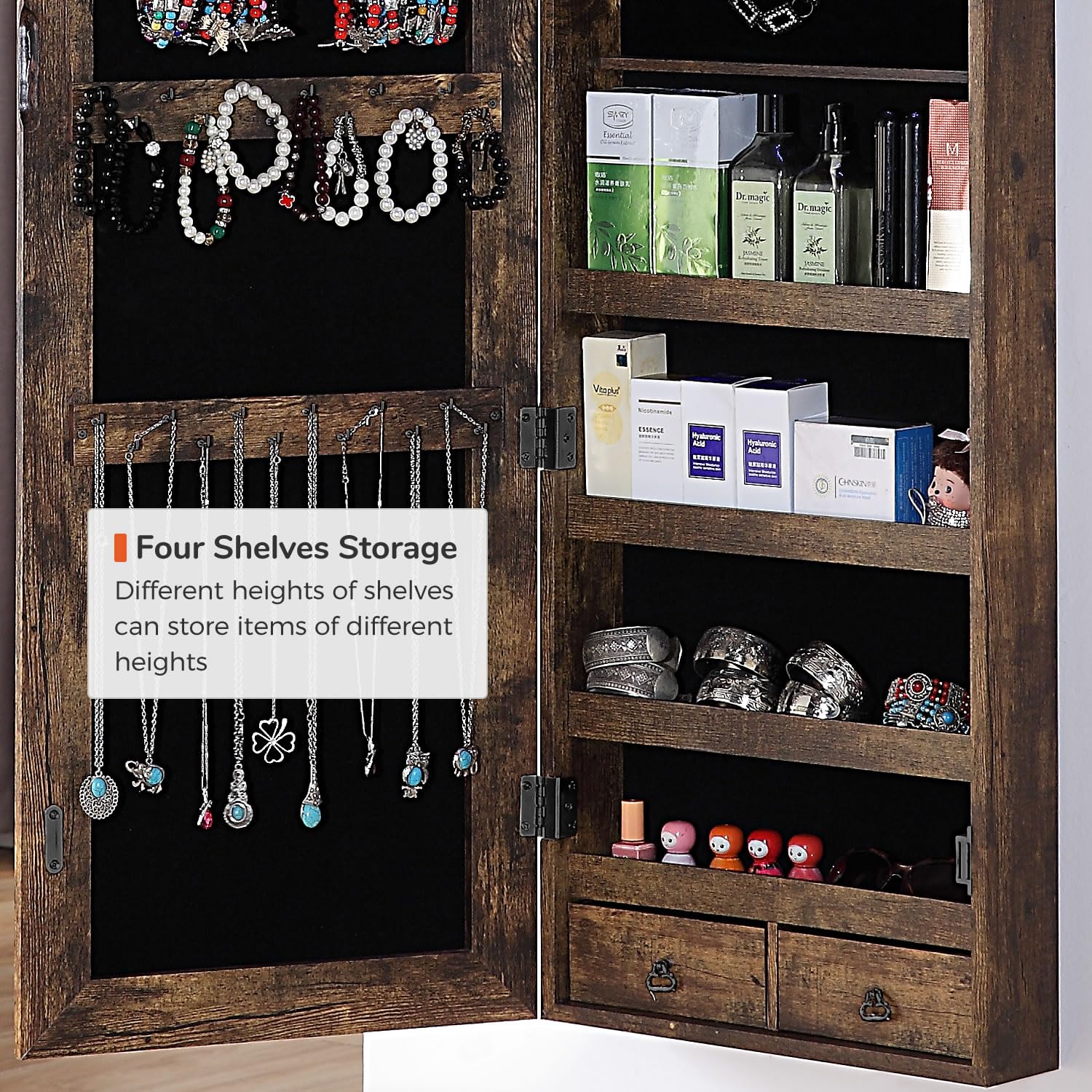 GISSAR Full Length Mirror Jewelry Cabinet, 6 LEDs Jewelry Armoire Wall Mounted Over The Door Hanging, Jewelry Organizer Storage with Lights Lockable, Black, 14.6" x 47.2"