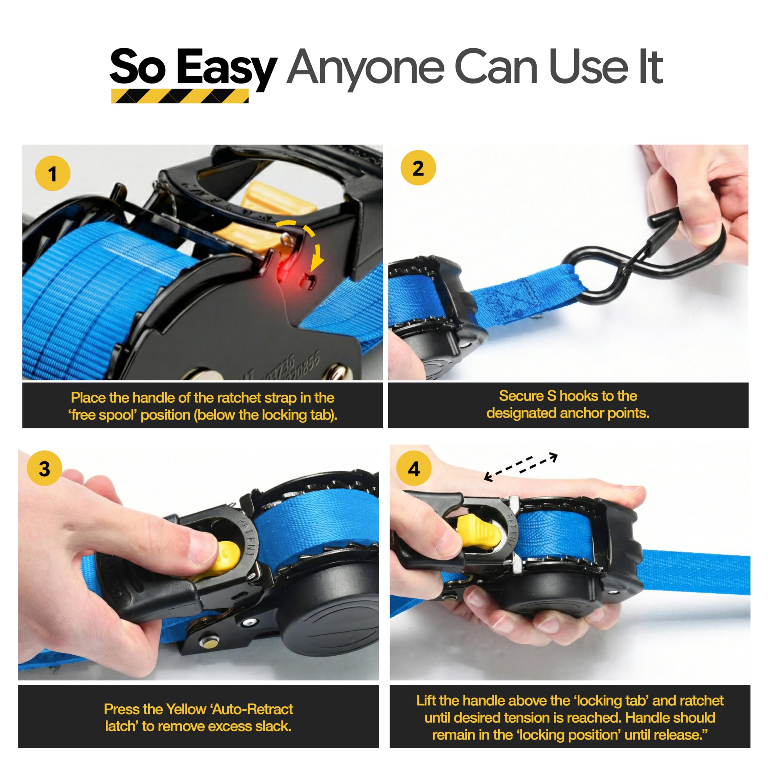 AUGO Retractable Ratchet Straps | 2 Heavy Duty Ratchet Straps Self Retractable Tie Downs with Soft Loops & Storage Bag for Motorcycle, Truck, Trailer, Cargo Van | 1200 Lb Break Strength 1” x 10’