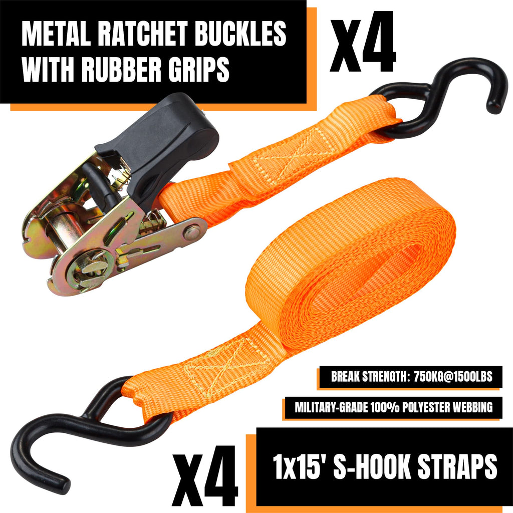 Cartman Ratchet Tie Down, 4Pk 15Ft, 500Lbs Load Cap/ 1500Lbs Break Strength, Cargo Straps for Moving Appliances, Lawn Equipment, Motorcycle in a Truck, with Carry Bag