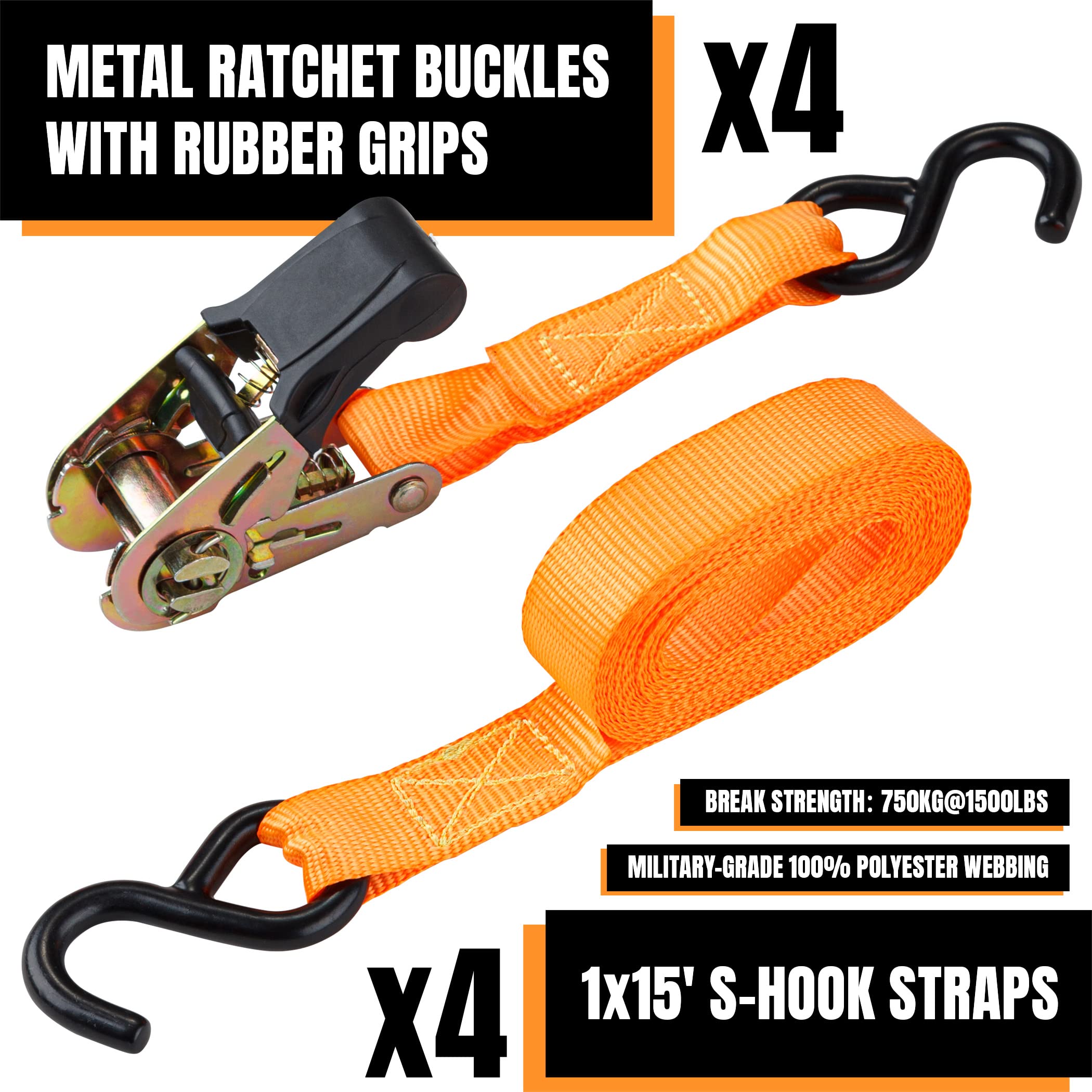 Cartman Ratchet Tie Down, 4Pk 15Ft, 500Lbs Load Cap/ 1500Lbs Break Strength, Cargo Straps for Moving Appliances, Lawn Equipment, Motorcycle in a Truck, with Carry Bag