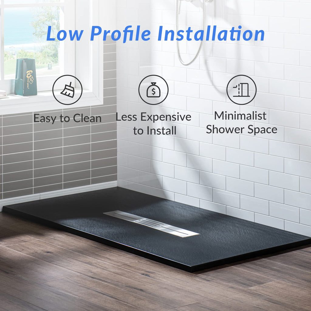 WOODBRIDGE 47.25 in L x 31.5 in W Zero Threshold Shower Base with Center Drain, Decorative Drain Plate, Tile Flange, Wheelchair Access, Low Profile, Black