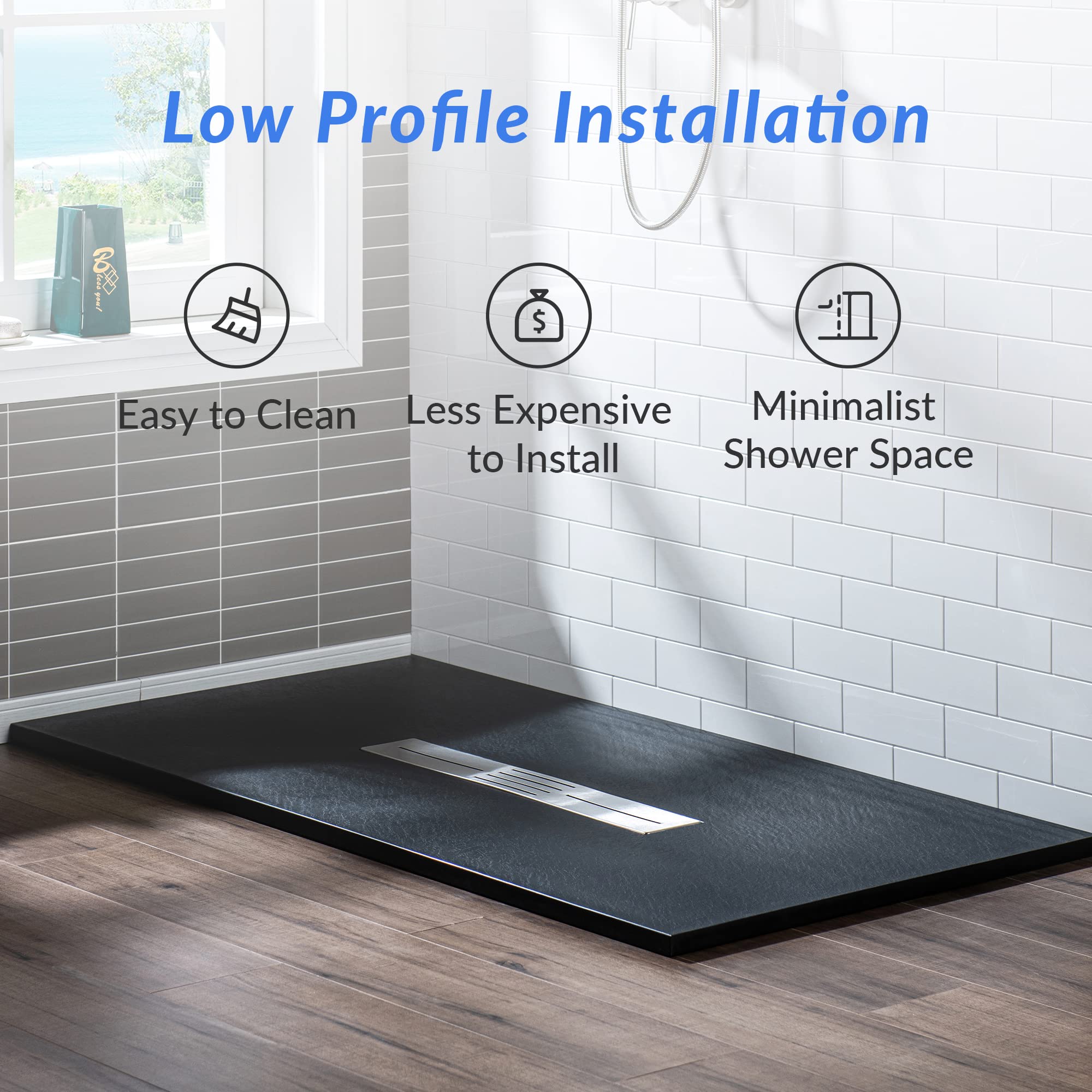 WOODBRIDGE 47.25 in L x 31.5 in W Zero Threshold Shower Base with Center Drain, Decorative Drain Plate, Tile Flange, Wheelchair Access, Low Profile, Black