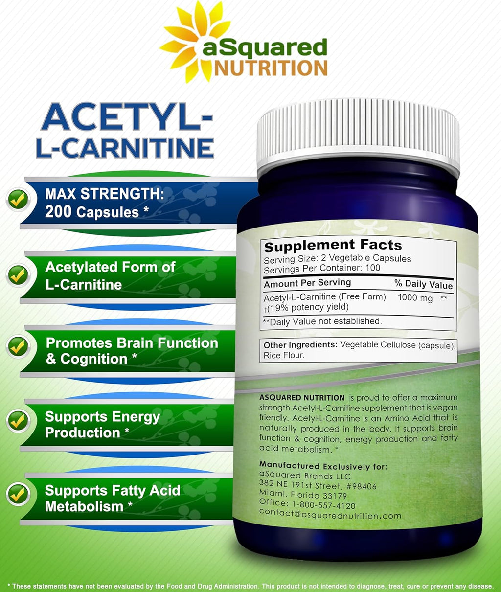 aSquared Nutrition Acetyl L-Carnitine 1000mg Per Serving Max Strength - 200 Veggie Capsules - High Dosage Acetyl L Carnitine HCL (ALCAR) Supplement Pills to Support Pure Energy, Brain Function