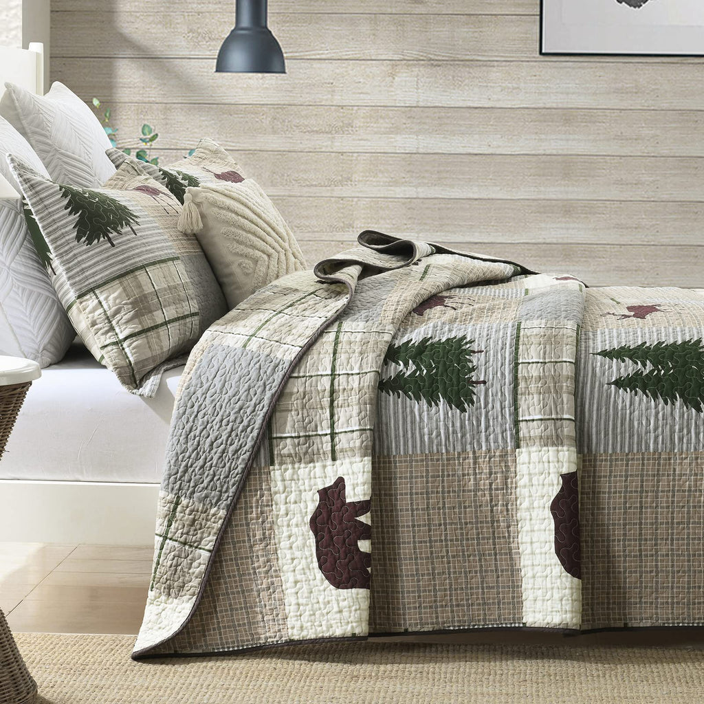 Y-PLWOMEN 100% Cotton Farmhouse Plaid Lightweight 3-Pieces Quilt Set (Blue Brown, Queen90 * 98 Inch)