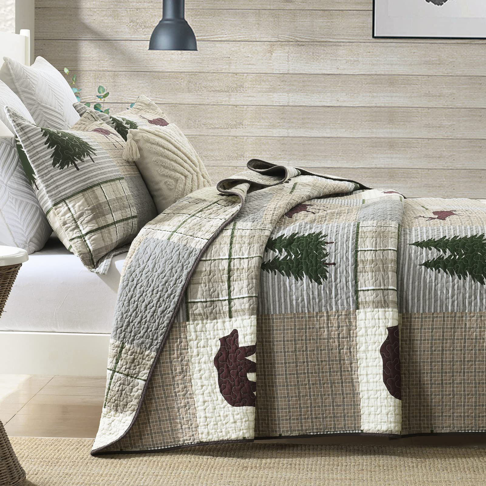 Y-PLWOMEN 100% Cotton Farmhouse Plaid Lightweight 3-Pieces Quilt Set (Blue Brown, Queen90 * 98 Inch)