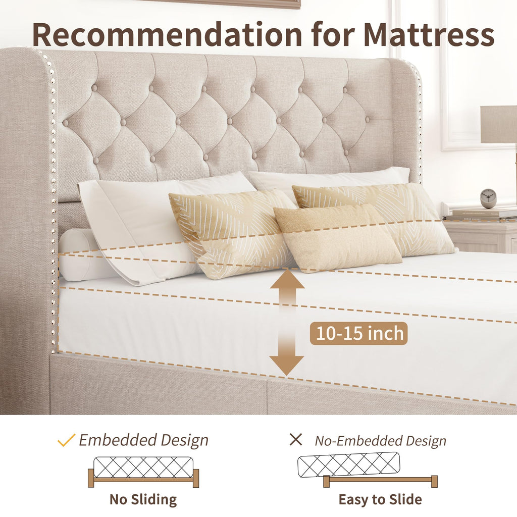 BRELTAM Full Size Bed Frame with Storage Drawers and Wingback Headboard Linen Upholstered Platform Bed Frame Tufted Beds with Heavy Duty Wood Slats, Noise Free, Easy Assembly, Beige