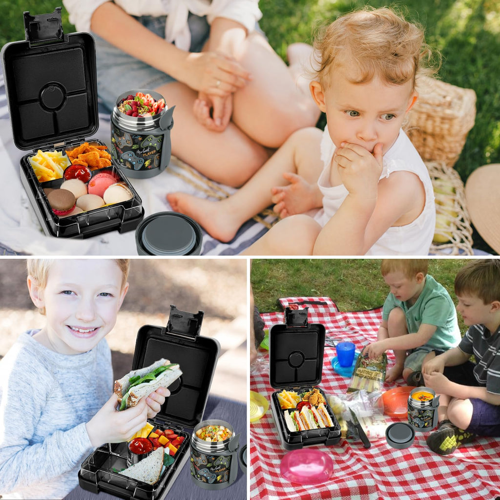 Bento Lunch Box Set for Kids with 10oz Soup Thermo, Leak-Proof Lunch Containers with 4 Compartment, Kids Thermo Hot Food Jar and Insulated Lunch Bag for Kid to School,BPA-Free(Basketball)