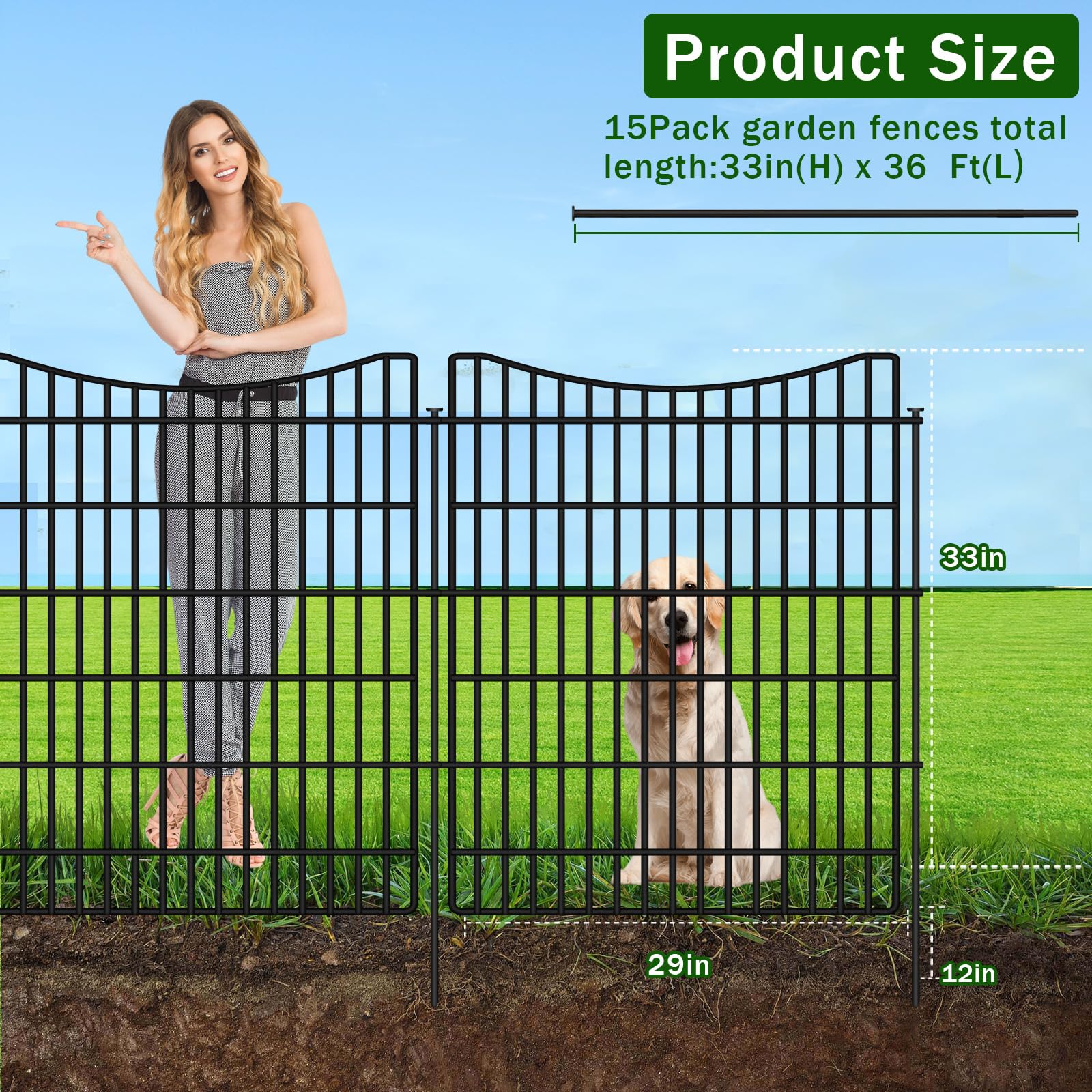 10 Panels Garden Fence Animal Barrier, 33 in(H) X 24 ft(L) Dog Fence Outdoor for Yard with Lock, Tall Metal Fencing with Ground Stakes, Temporary Fencing for Dog, Rabbits, and Patio Border