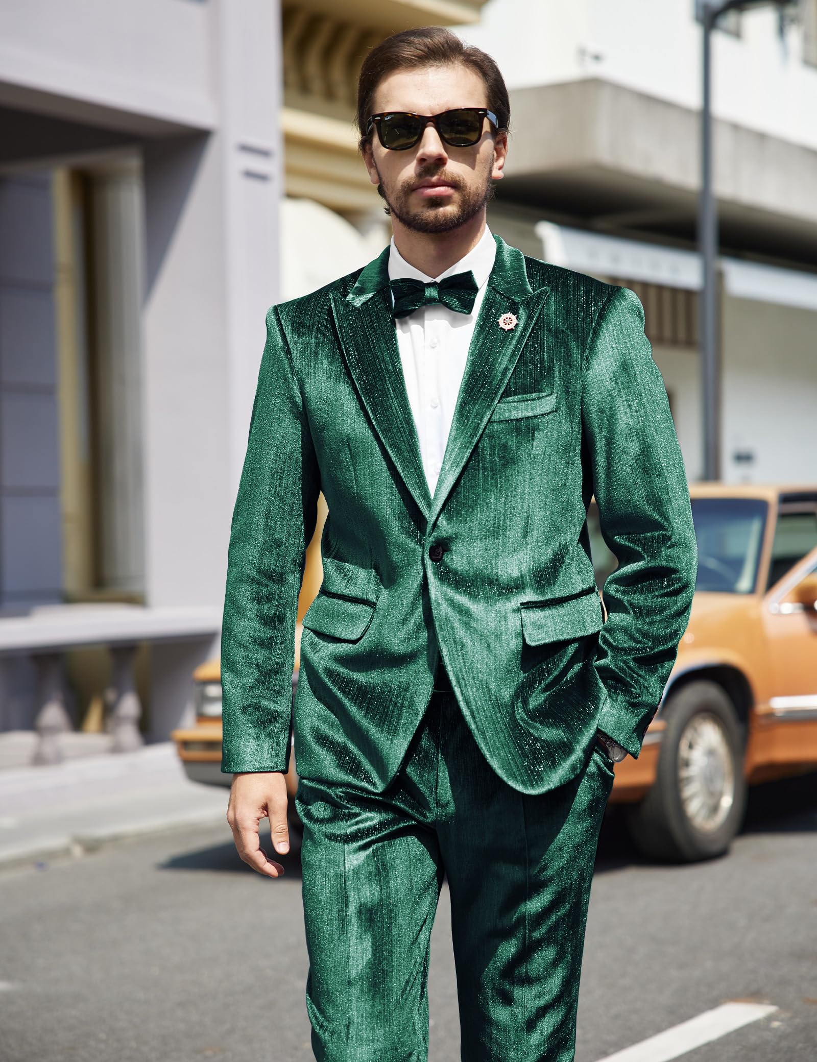 MAGE MALE Mens Suits Velvet Tuxedo Suit Set Slim Fit 2 Piece Luxurious Party Dinner Jacket Pants with Bow Tie