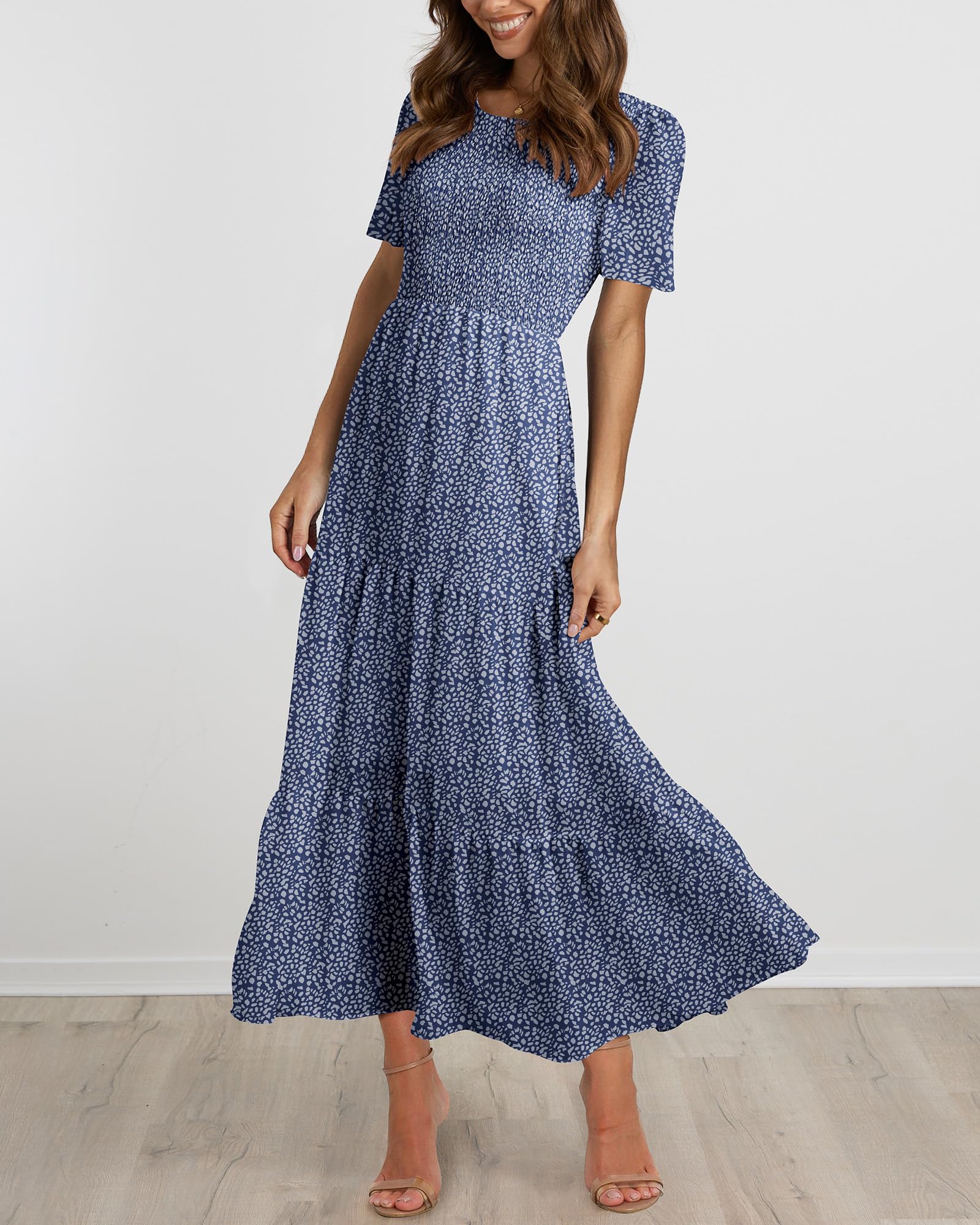 BTFBM Women Casual Short Sleeve Crew Neck Summer Dress Bohemian Floral Printed Flowy Maxi Dresses Tiered Cocktail Dress