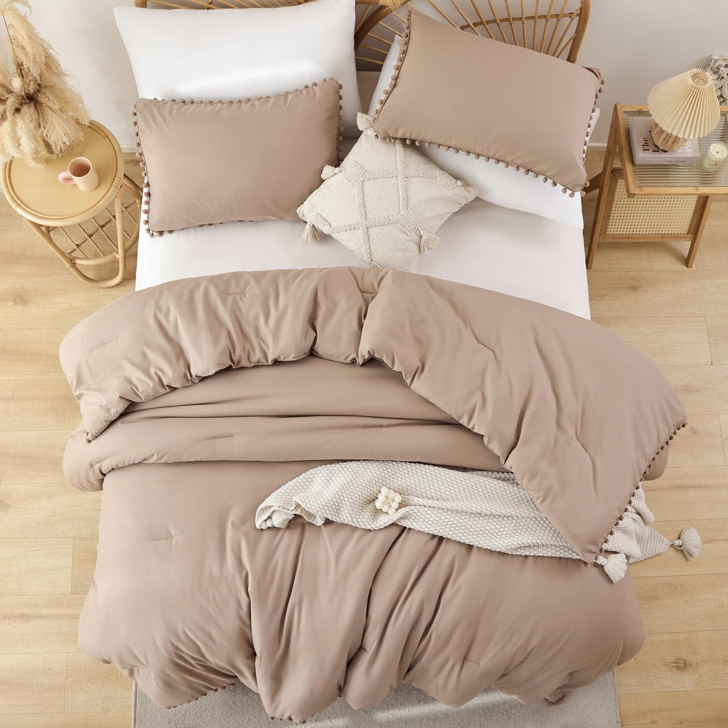 YIRDDEO Twin Comforter Set - Comforter Twin Size Bed with Ball Pom Fringe, Soft Bedding Set for All Seasons - 2 Pieces, 1 Comforter (66"x90") & 1 Pillow Sham(20"x26"), Beige