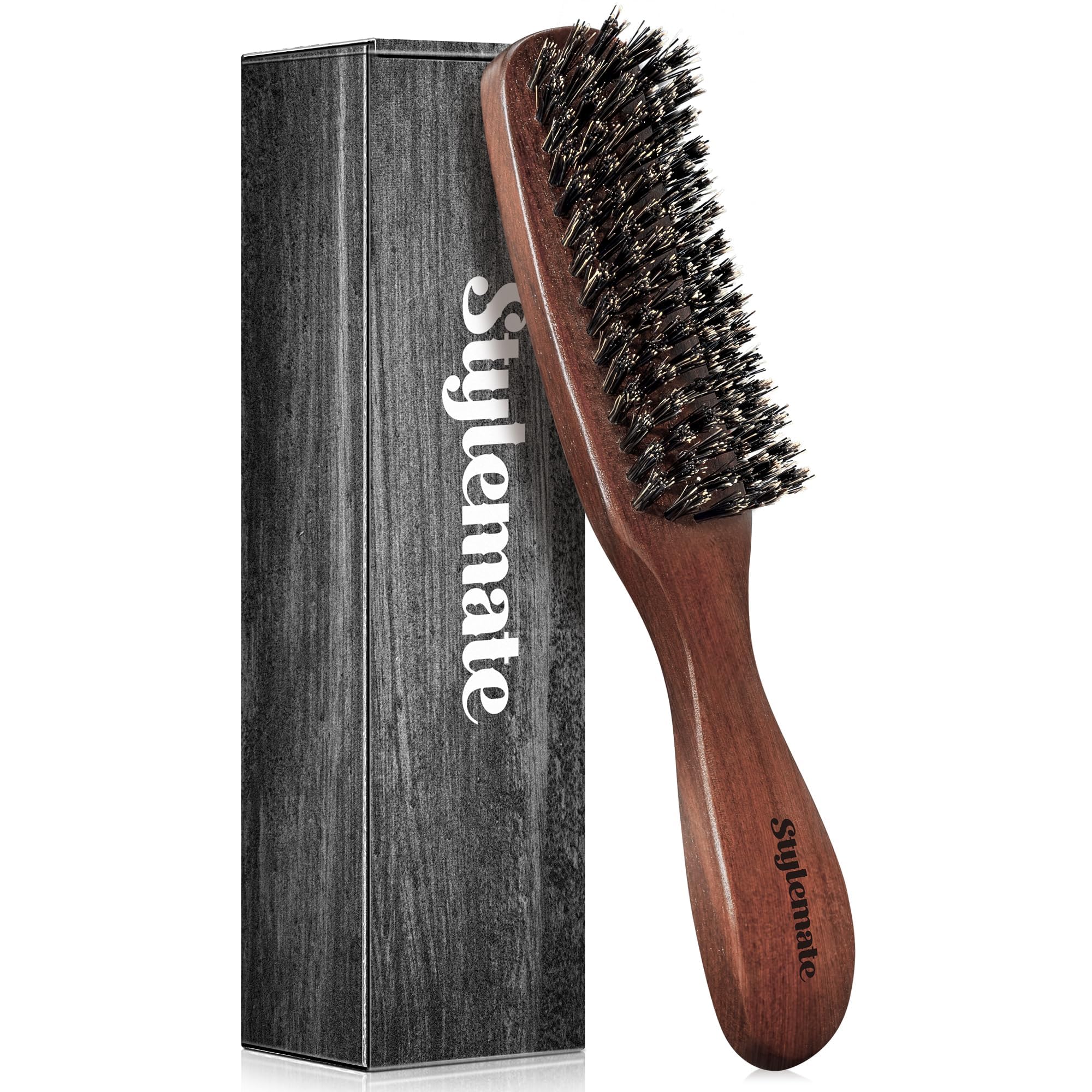 STYLEMATE Boar Bristle Hair Brush for Men, Slick Back Mens Hair Brush with Stiff Bristles for Thick & Fine Hair, Beard Brush with Natural Black Walnut Wooden Handle
