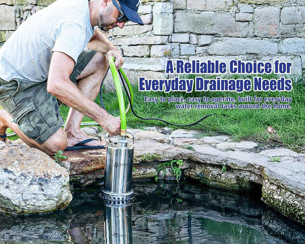 Green Expert 1HP Submersible Sump Pump, 4000GPH Full 304 Stainless Steel Manual Utility Pump with Adapter Kit, Oil-Free Top Discharge Water Removal for Basements, Pools, Hot Tubs & Drainage Pits