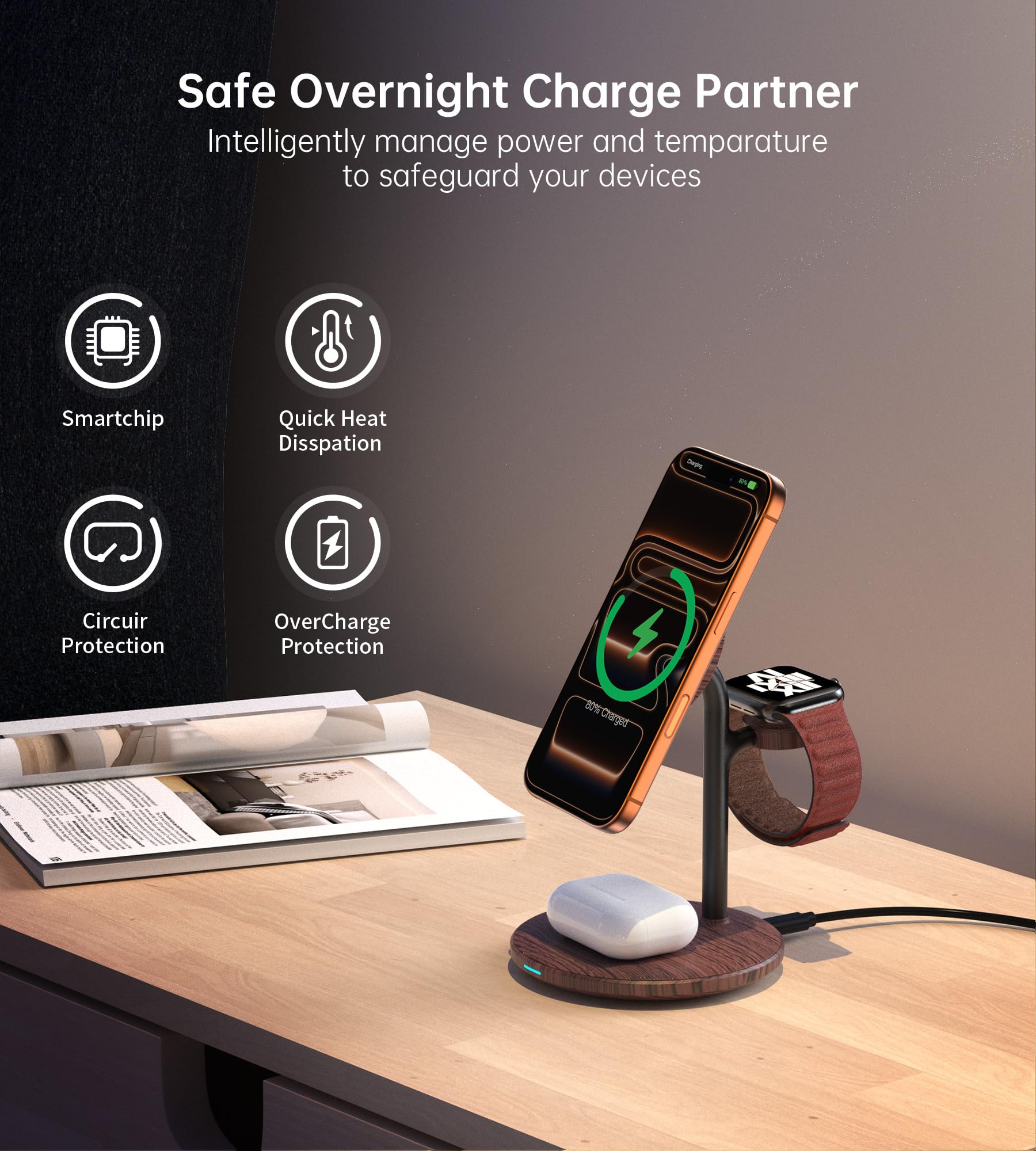 XooFly 3 in 1 Wireless Charging Station for Apple Devices, Fast Wireless Mag-Safe Charger Stand with 20W Adapter for iPhone 17/16 15 14 13 12 Pro Max/Pro/Plus/Air/Mini, iWatch, AirPods (Black)