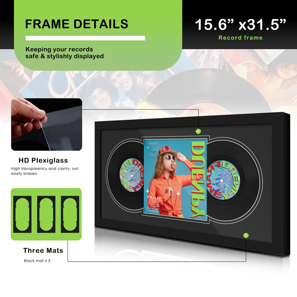 DUENPY Vinyl Record Display Frame 16x22 Inches Display Record Album and 12.5x12.5 Album Cover Art（Black Bottom Mat） Wall Mount