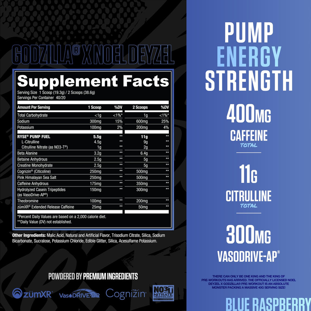 RYSE Godzilla X Noel Deyzel Pre Workout Powder - BlackBerry Lemonade - 400mg Caffeine, High Stim Pre-Workout for Men & Women with Citrulline & Beta Alanine - Energy, Pump & Focus - 20/40 Servings