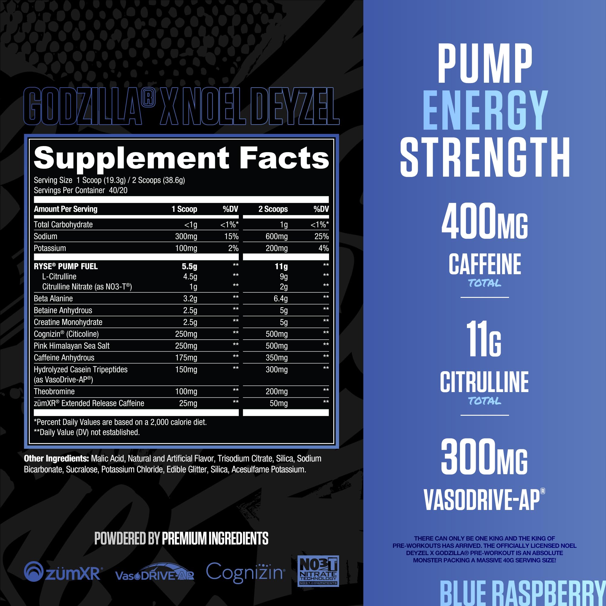 RYSE Godzilla X Noel Deyzel Pre Workout Powder - BlackBerry Lemonade - 400mg Caffeine, High Stim Pre-Workout for Men & Women with Citrulline & Beta Alanine - Energy, Pump & Focus - 20/40 Servings