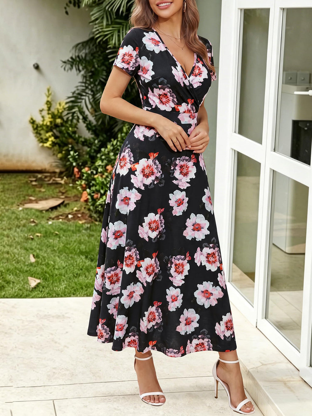 HUHOT Women's Short Sleeve Wrap V Neck Dresses for Wedding Guest Summer Floral Maxi Sundresses with Pockets Boho Dress
