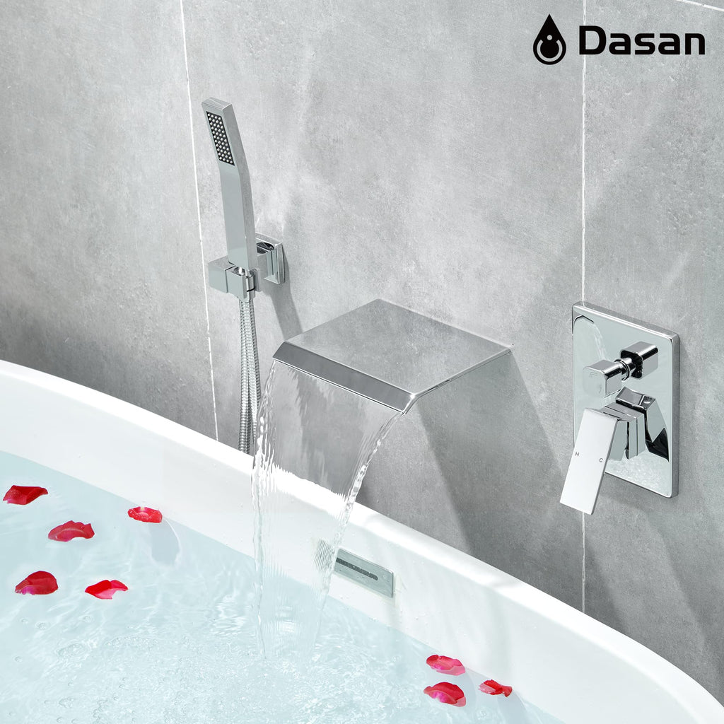 Upgraded Wall Mount Tub Filler Faucet with Handheld Shower, DASAN Modern Wall Mounted Bathtub Faucet Brushed Gold High Flow Waterfall Tub Faucet with Rough in Valve, SA-TF04WH-BG