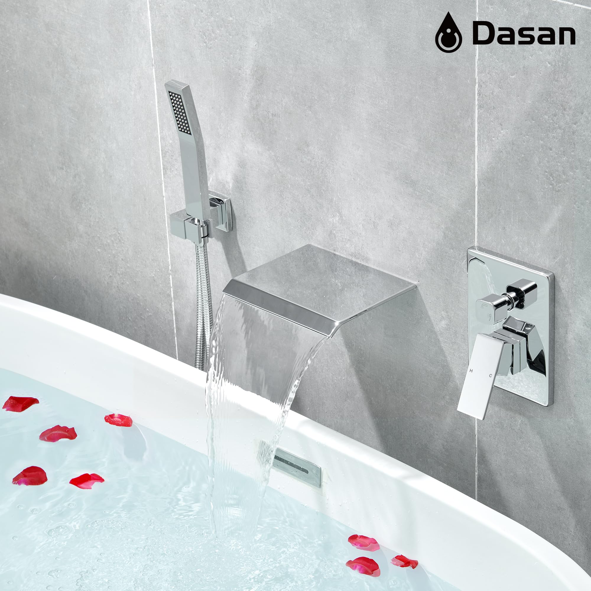 Upgraded Wall Mount Tub Filler Faucet with Handheld Shower, DASAN Modern Wall Mounted Bathtub Faucet Brushed Gold High Flow Waterfall Tub Faucet with Rough in Valve, SA-TF04WH-BG