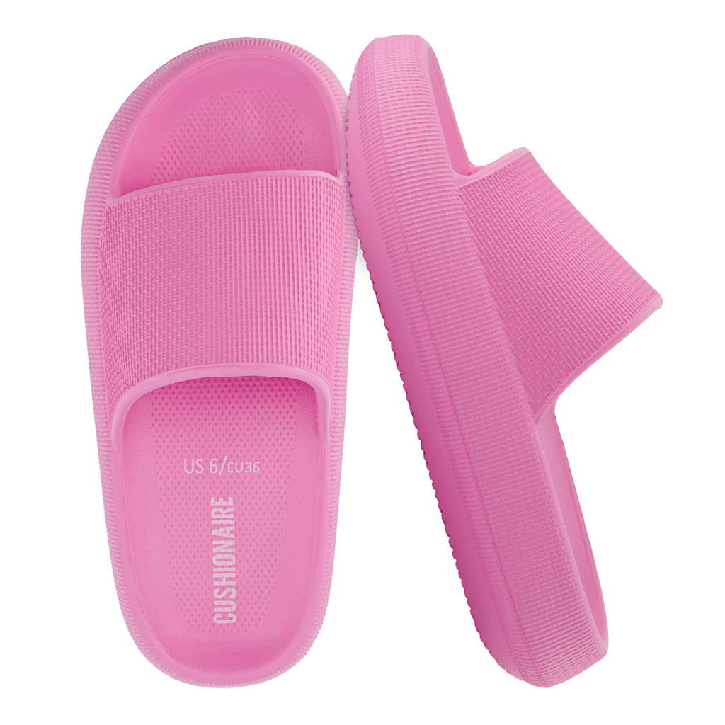 CUSHIONAIRE Feather EVA Slides for Women – Comfortable Slip On Womens Slippers, Indoor Outdoor Shower Shoes, Beach Essential Cloud Slides