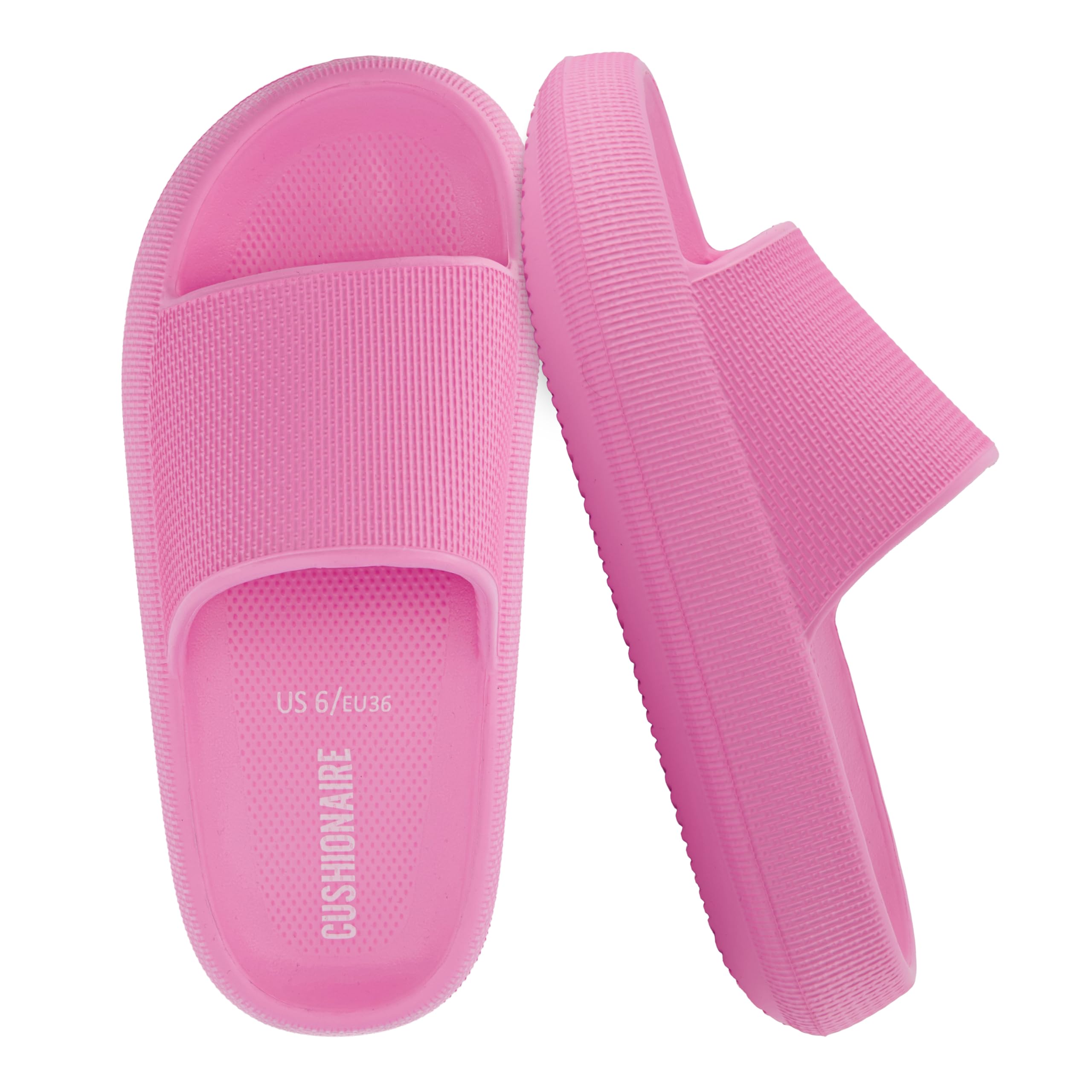 CUSHIONAIRE Feather EVA Slides for Women – Comfortable Slip On Womens Slippers, Indoor Outdoor Shower Shoes, Beach Essential Cloud Slides