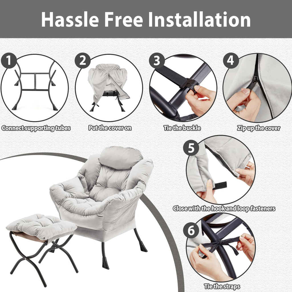 Youtanic Lazy Chair with Folding Ottoman, Accent Chair Velvet Upholstered with Metal Structure and Non-Slip Pads, Sofa Armchair with Footrest and Side Storage Bag for Dorm, Room, Office, Beige