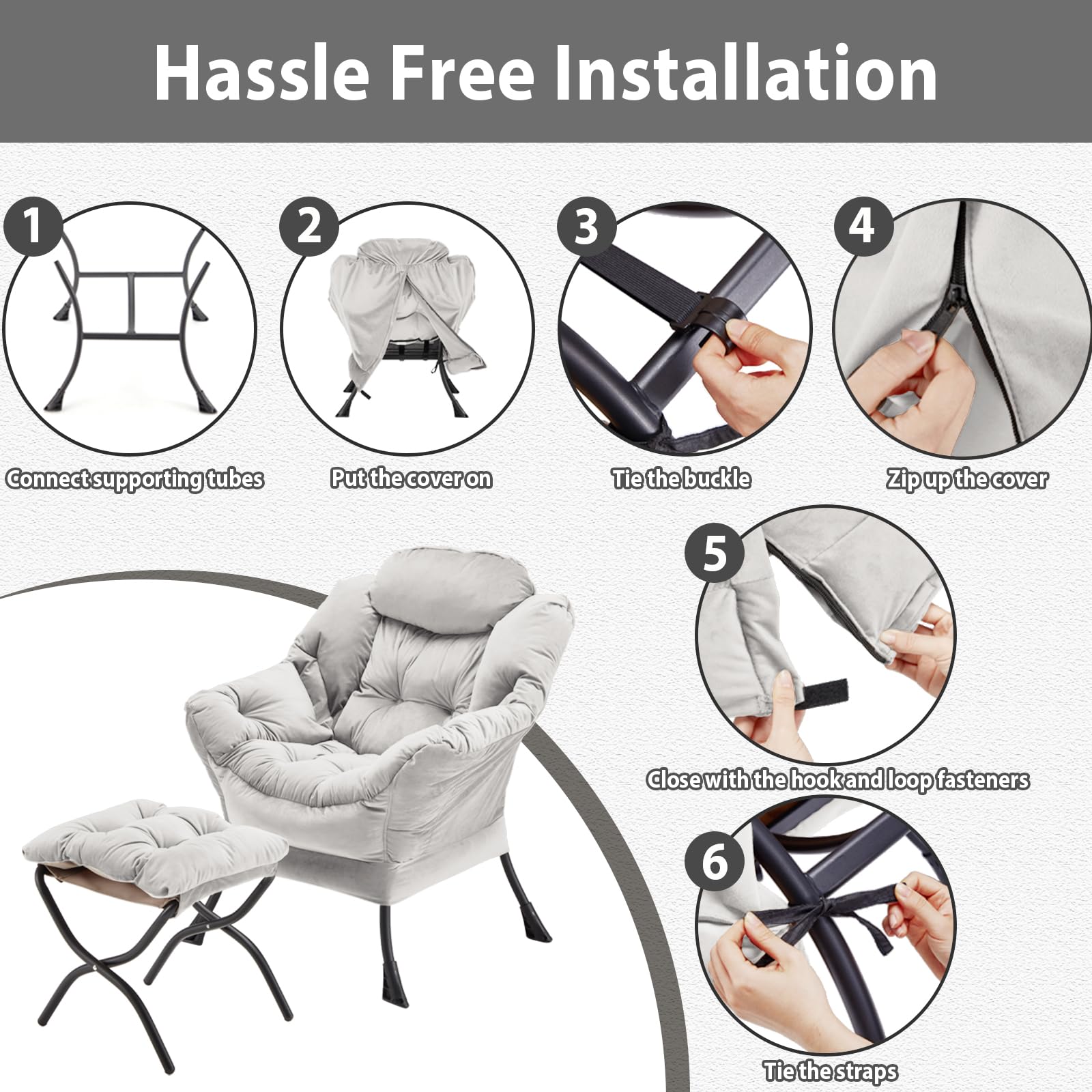Youtanic Lazy Chair with Folding Ottoman, Accent Chair Velvet Upholstered with Metal Structure and Non-Slip Pads, Sofa Armchair with Footrest and Side Storage Bag for Dorm, Room, Office, Beige