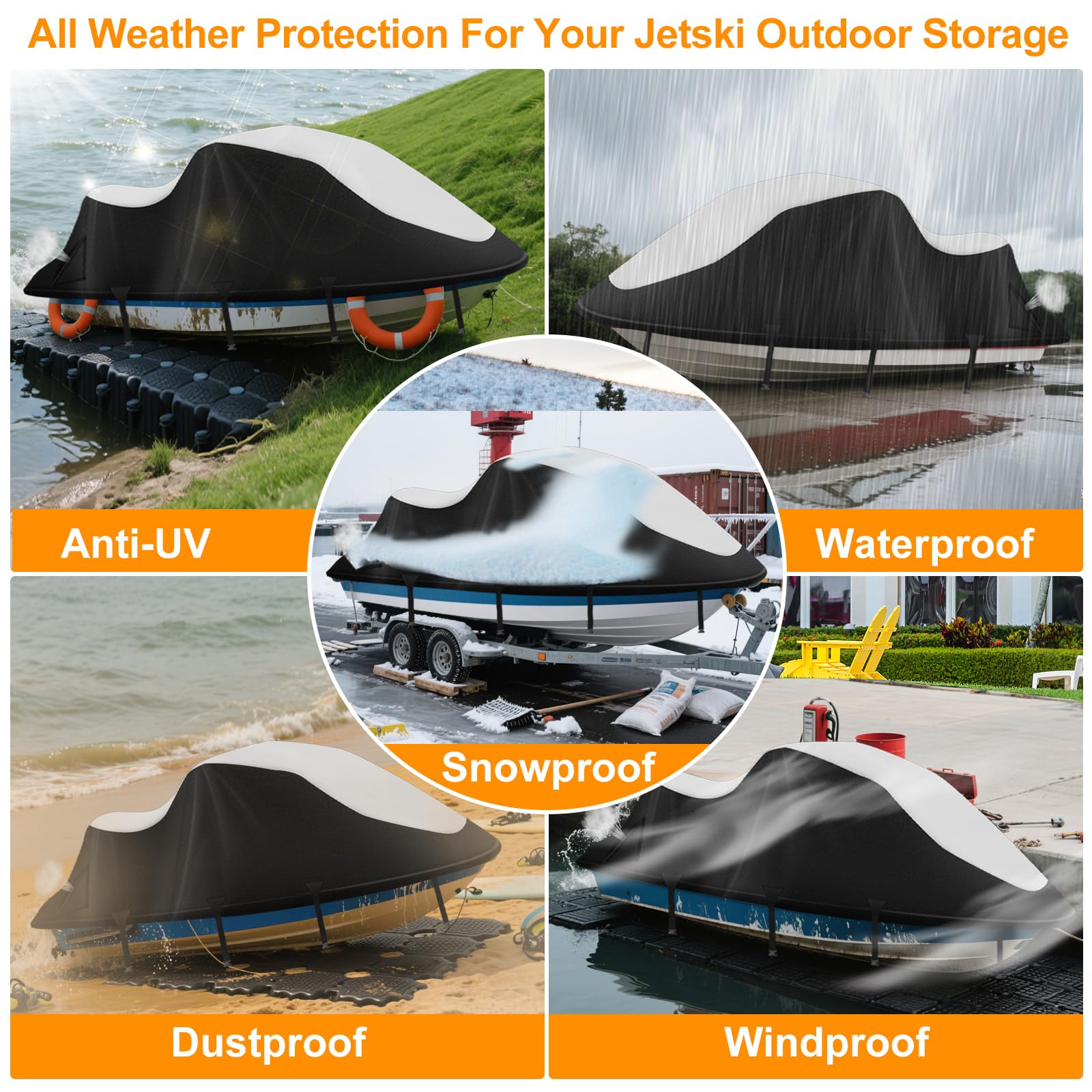 Jet Ski Cover,Heavy Duty 900D Oxford Jetski Cover 2 3 Seater with 2 Air Vents，4 Windproof Buckles，Easy On，Jetski Cover Waterproof for Seadoo Spark,Yamaha,All Weather Protection(Black, XL:115"-120")