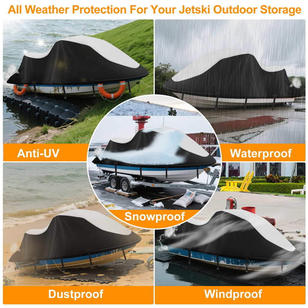 Jet Ski Cover,Heavy Duty 900D Oxford Jetski Cover 2 3 Seater with 2 Air Vents，4 Windproof Buckles，Easy On，Jetski Cover Waterproof for Seadoo Spark,Yamaha,All Weather Protection(Black, XL:115"-120")
