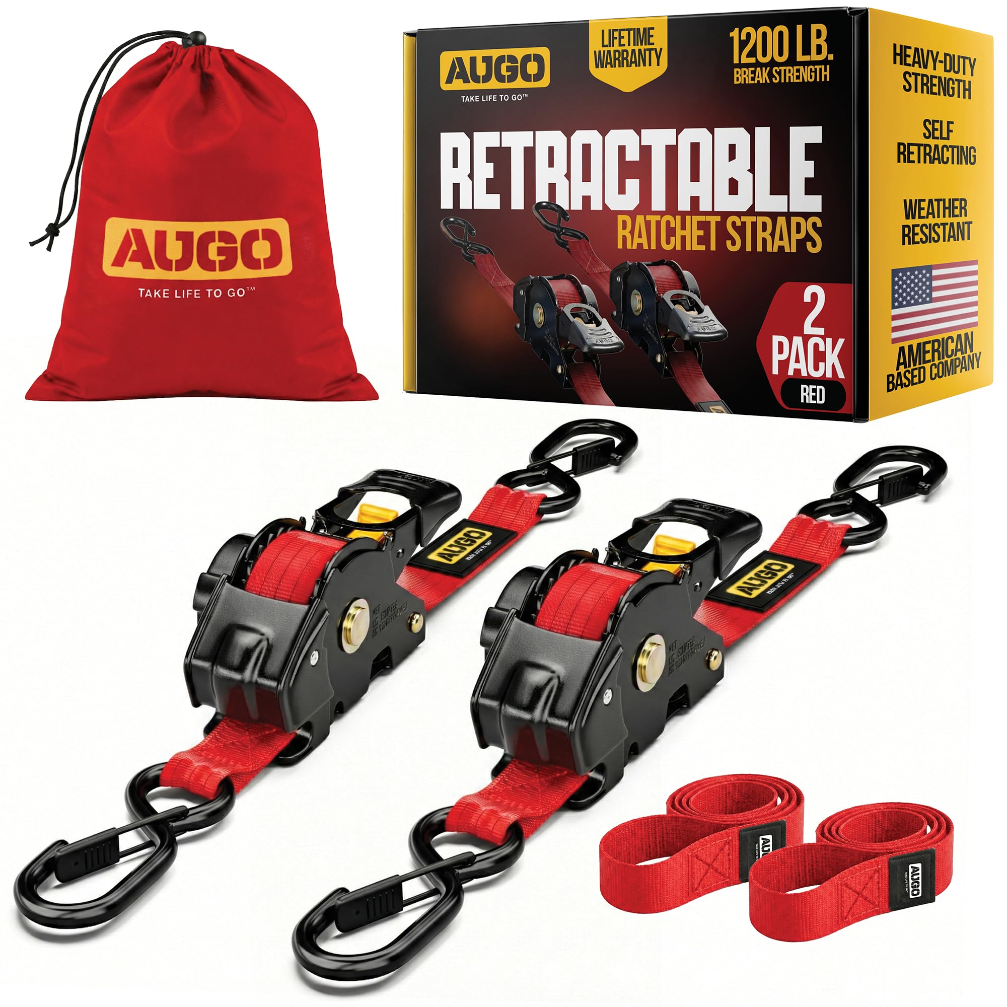 AUGO Retractable Ratchet Straps | 2 Heavy Duty Ratchet Straps Self Retractable Tie Downs with Soft Loops & Storage Bag for Motorcycle, Truck, Trailer, Cargo Van | 1200 Lb Break Strength 1” x 10’