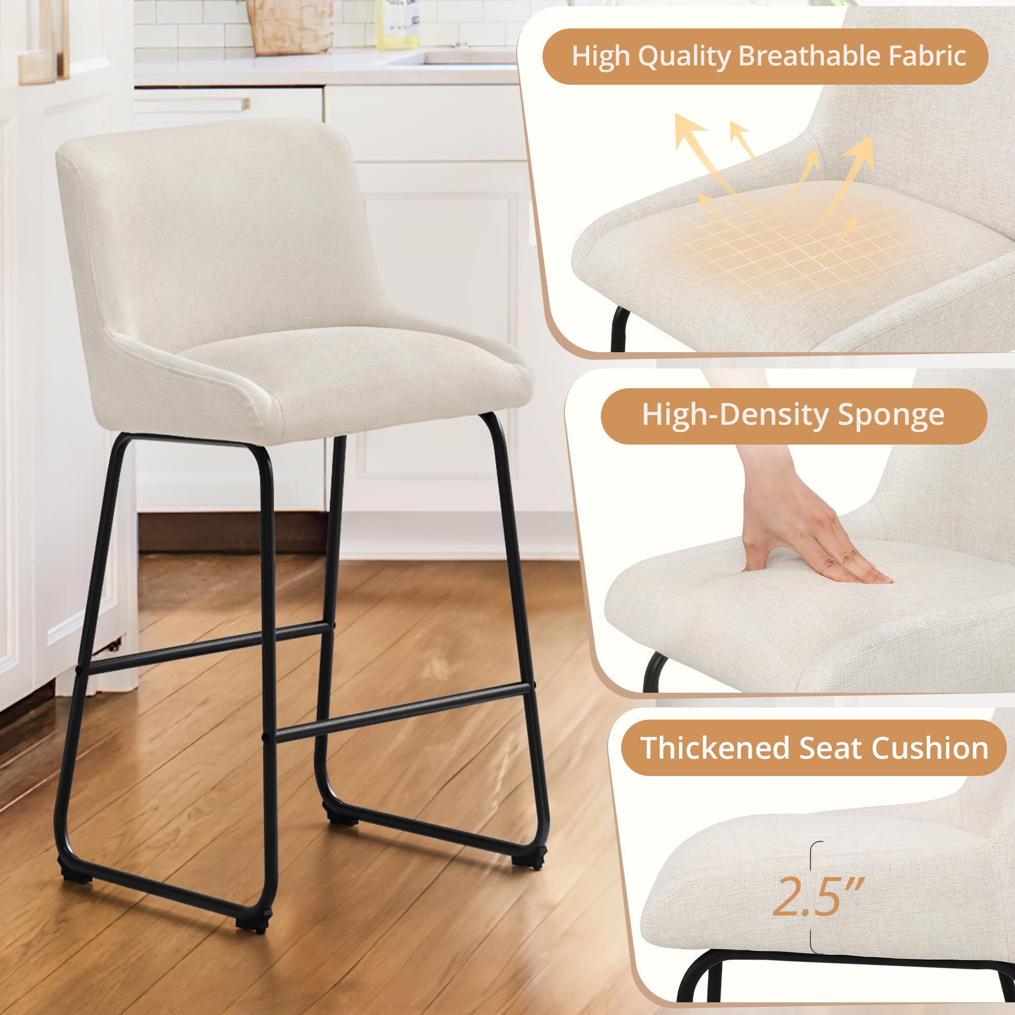 LUE BONA 26 Inch Counter Height Bar Stools Set of 2, Faux Leather Upholstered Barstools, Barstool with Back, Comfortable Bar Chairs, Modern Counter Stools for Kitchen Counter Island