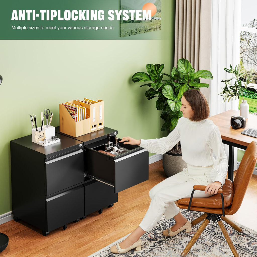 Letaya 3 Drawer Mobile File Cabinet with Lock,Under Desk Metal Small Filing Cabinets for Home Office Organizer Letters/Legal/A4(Fully Assembled Except Wheels-Black)