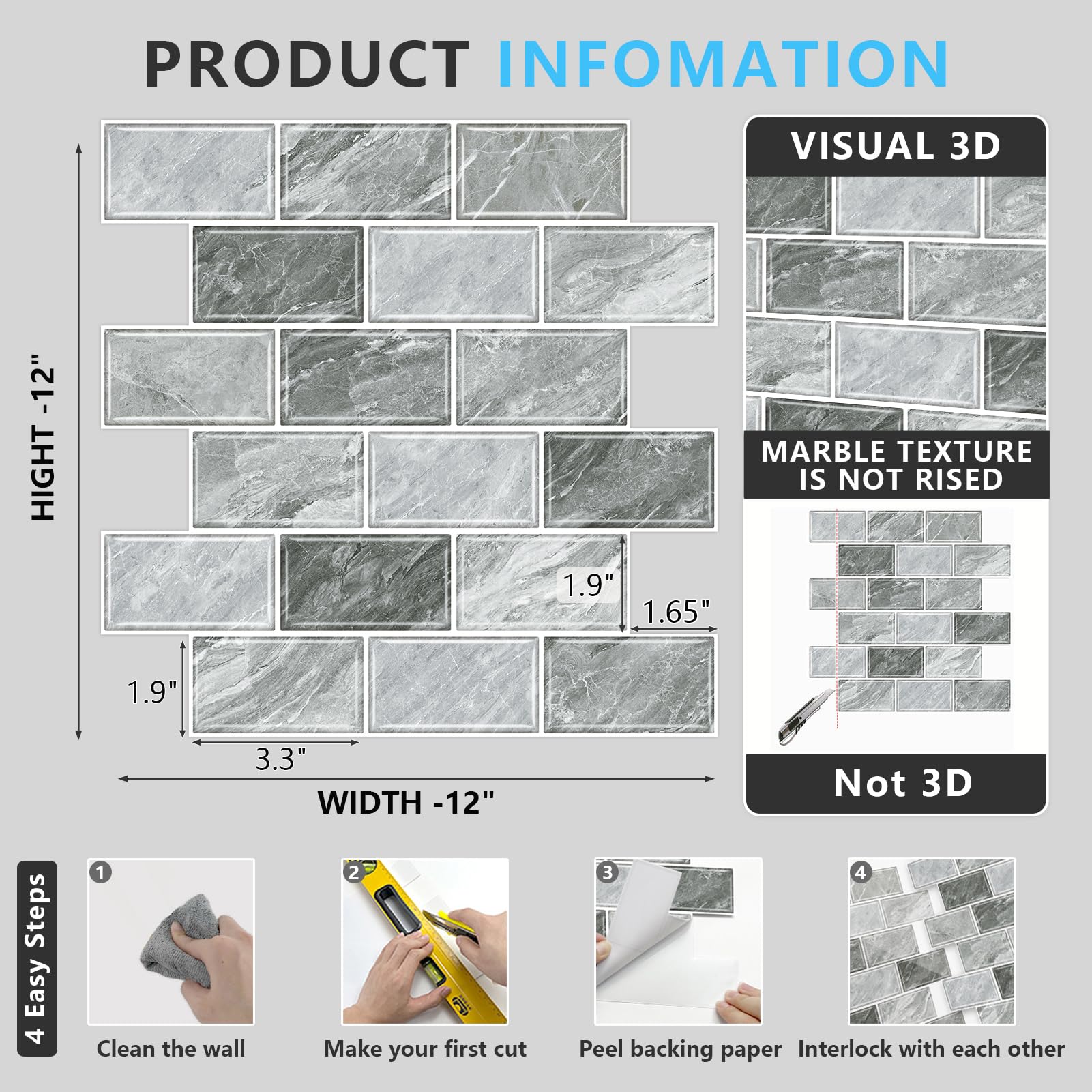 URCOLOR 10-Sheet Back Splashes for Kitchens Peel and Stick,12"x12" Self Adhesive Subway Wall Tiles Stick on backsplash Tiles for Bathroom Black Marble