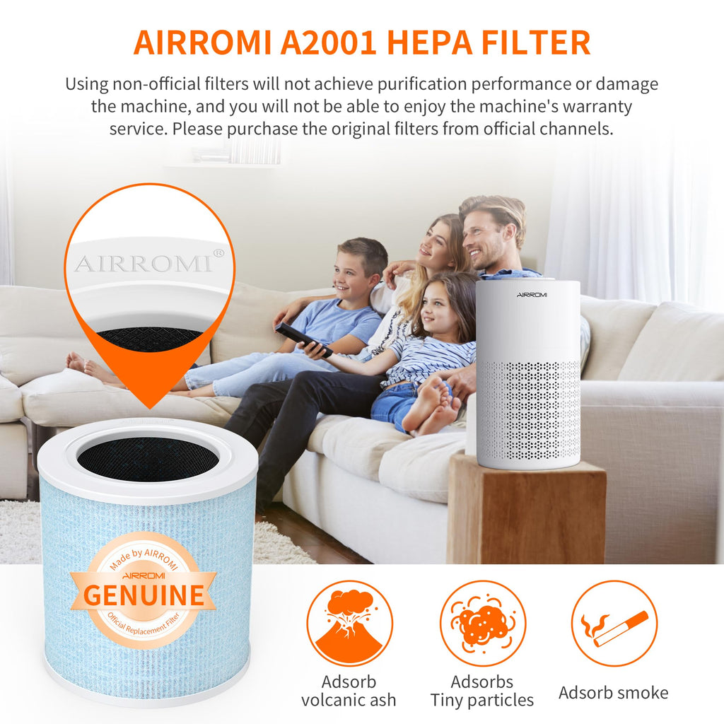 AIRROMI A2001 HEPA Air Purifier Replacement Filter, 3-In-1 Original Filter, Remove 99.97% of 0.3 Micron Particle 2 Pack White Activated Carbon