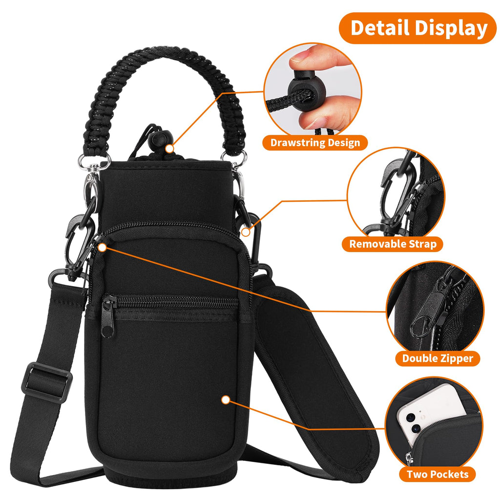 AceTreker 32/40/64/128 oz Neoprene Insulated Water Bottle Carrier Bag, Sling Bag Sleeve Pouch Holder with Strap & Paracord Handle and 2 Pocket for Travelling, Hiking, Camping