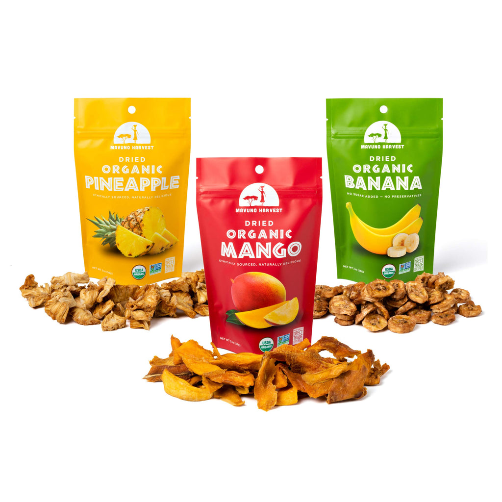 Mavuno Harvest Organic Dried Fruit Variety Pack | Dried Mango, Papaya, Pineapple, Banana, Jackfruit, & Tropical Mix | Healthy, Vegan, No Sugar Added, Non GMO Snacks for Kids & Adults | 2 Ounce, 6 Pack