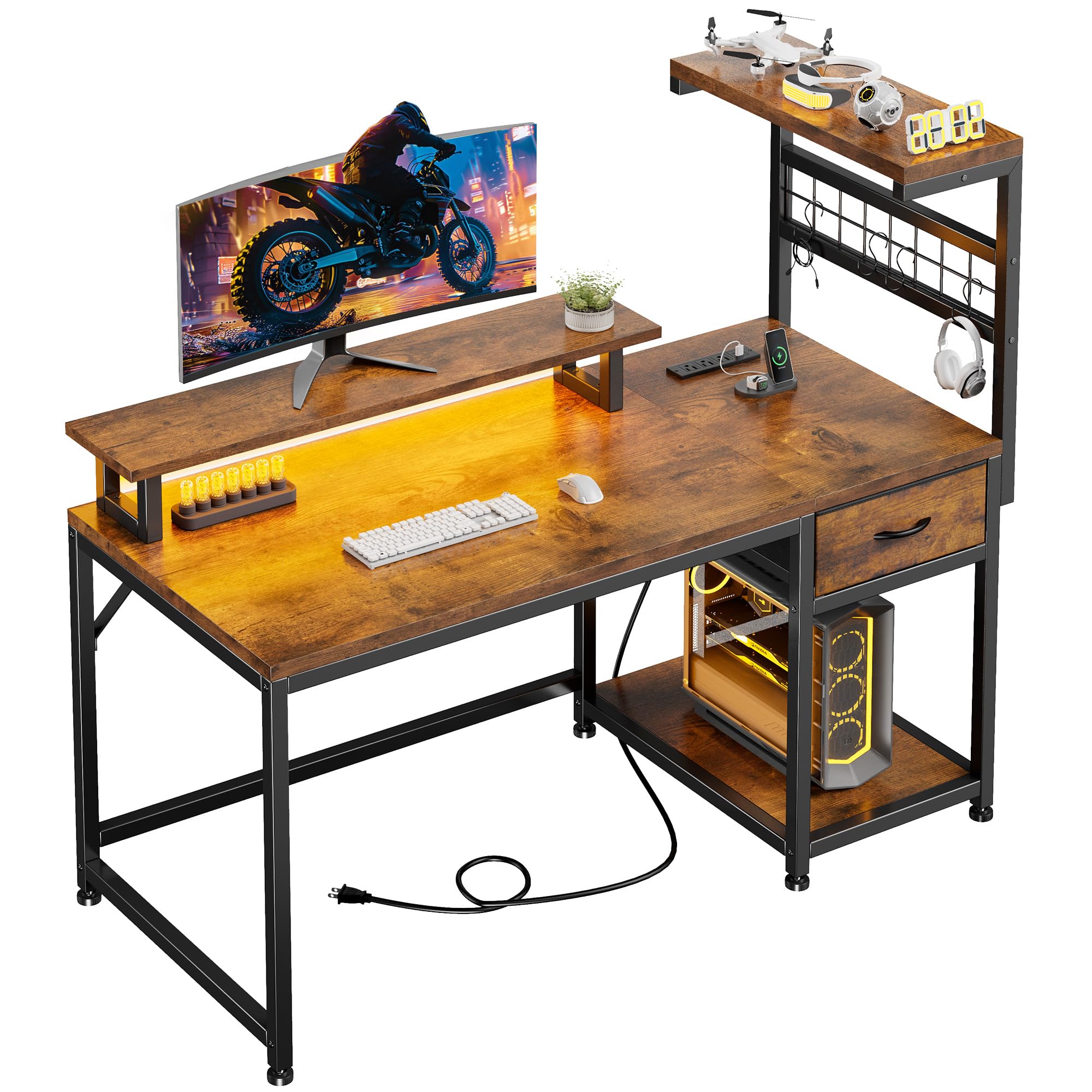 EnHomee 40" Gaming Desk with Power Outlets & LED Lights, Computer Desk with Drawer & Storage Shelve, Home Office Desk with Monitor Stand for Living Room, Study Room, Gaming Room, Black